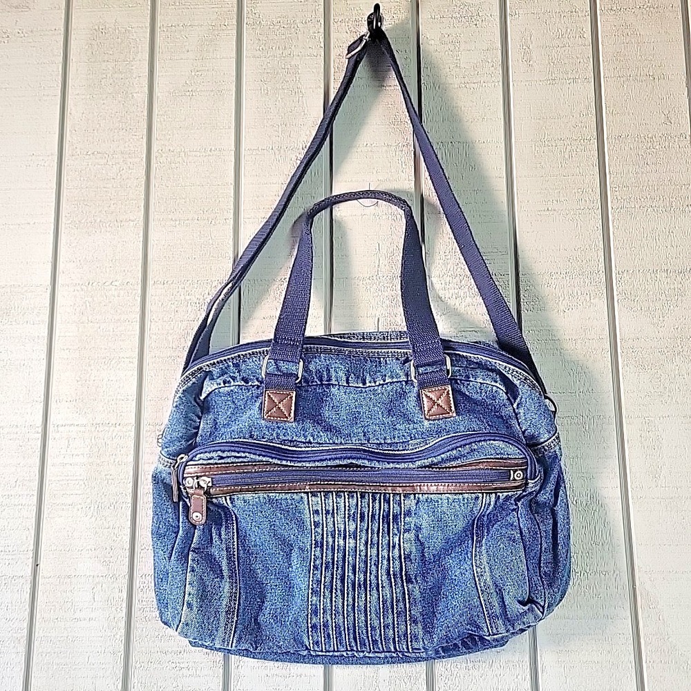 VTG  Blue Denim Women's Multi Pocket 3 Strap Duffle Shoulder‎ Tote Gym Bag Y2K